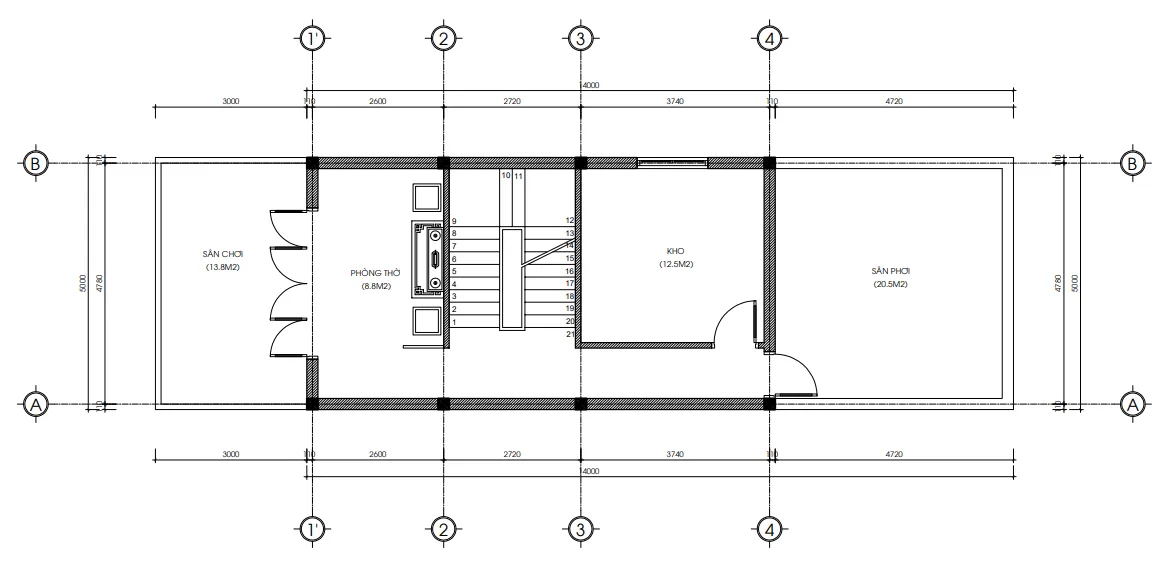 Bản vẽ bố trí công năng tầng tum mẫu nhà phố 4 tầng hiện đại gồm phòng thờ diện tích thiết kế 46m2.