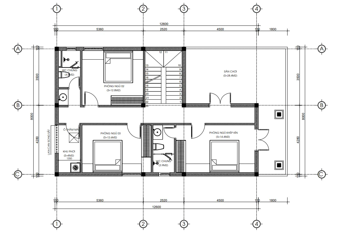 Bản vẽ mặt bằng tầng 2 mẫu nhà mái Nhật bố trí 3 phòng ngủ và sân phơi rộng thoáng.