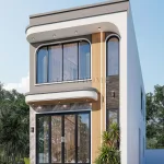 Góc nghiêng mẫu nhà ống 2 tầng đẹp phong cách hiện đại với thiết kế ban công bo cong mềm mại.