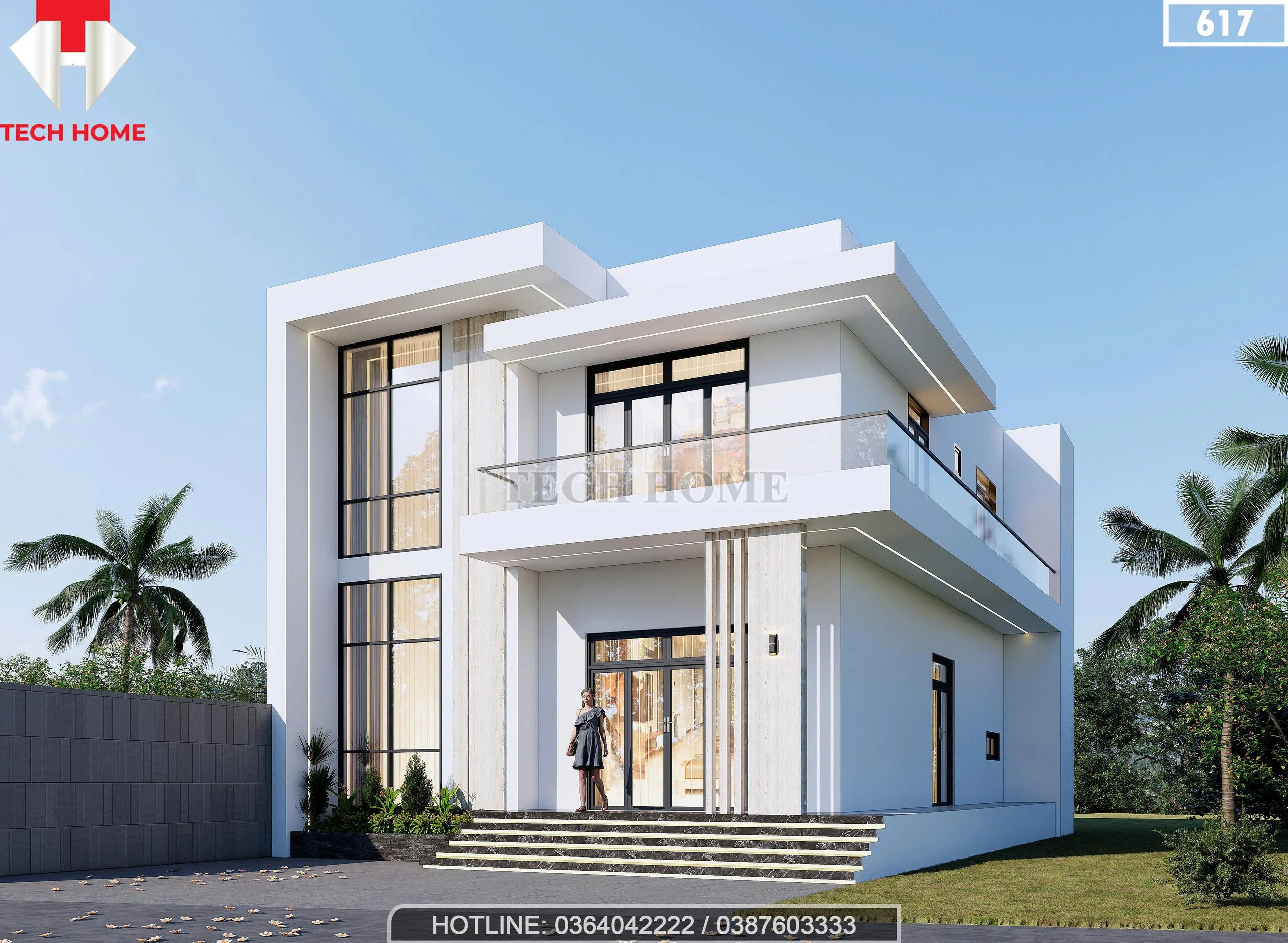 Mẫu nhà 2 tầng hiện đại sử dụng hệ cửa nhôm kính lớn giúp lấy sáng tự nhiên tối đa.