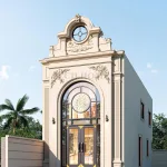 Góc nghiêng nhà ống 2 tầng tân cổ điển với hệ vòm cong bán nguyệt lớn, thông tầng từ sảnh lên đến ban công tầng 2.