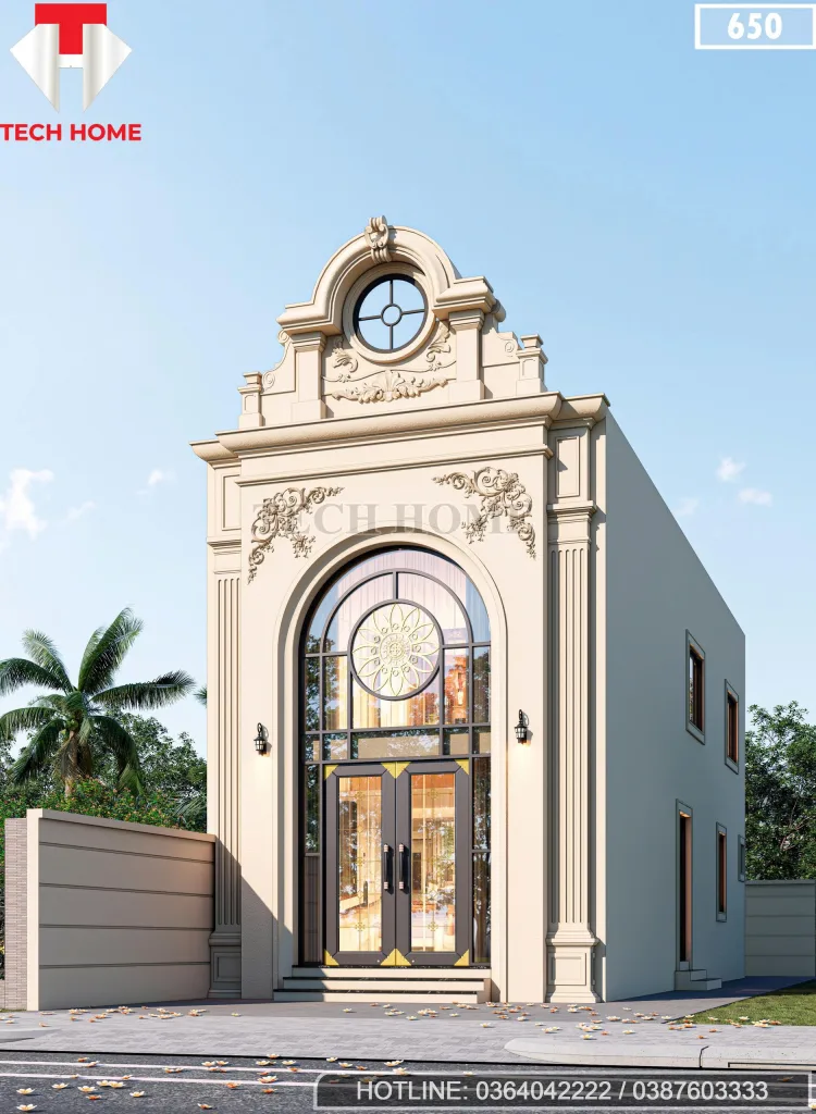 Góc nghiêng nhà ống 2 tầng tân cổ điển với hệ vòm cong bán nguyệt lớn, thông tầng từ sảnh lên đến ban công tầng 2.