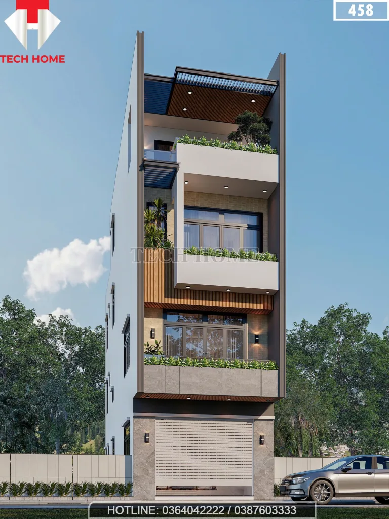 Phối cảnh góc nghiêng mẫu nhà phố 4 tầng hiện đại có ban công cây xanh và văn phòng tầng 1.