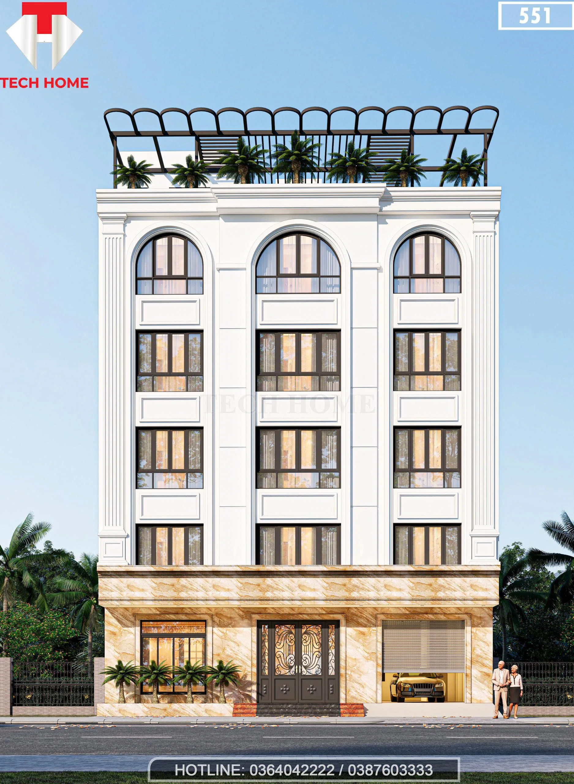 Phối cảnh mặt tiền chính diện mẫu thiết kế nhà phố 5 tầng tại Lai Châu phong cách tân cổ điển sang trọng.