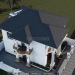 Tổng thể mẫu biệt thự 2 tầng tân cổ điển hệ mái Nhật lợp ngói màu xanh đen bề thế.