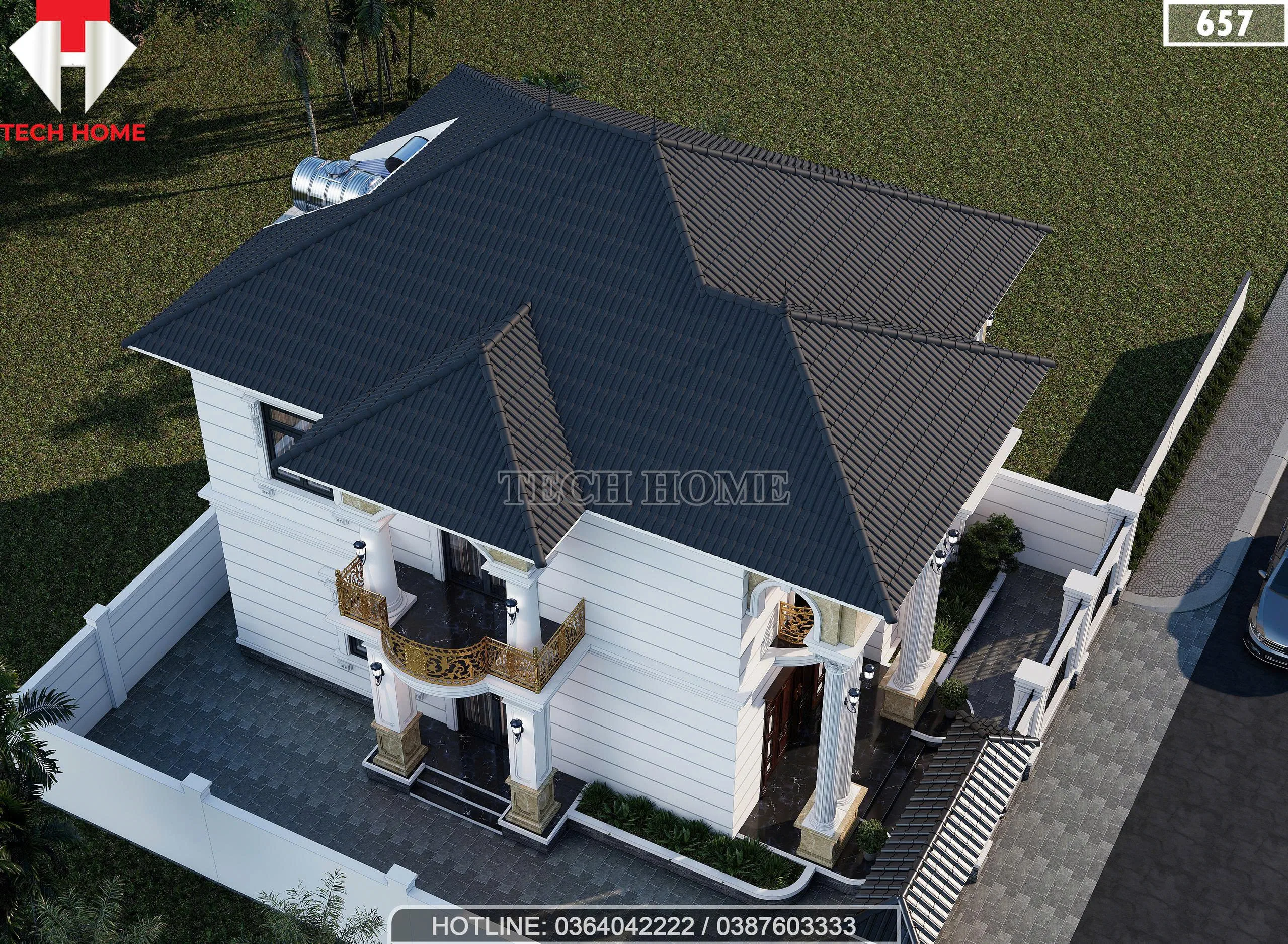 Tổng thể mẫu biệt thự 2 tầng tân cổ điển hệ mái Nhật lợp ngói màu xanh đen bề thế.