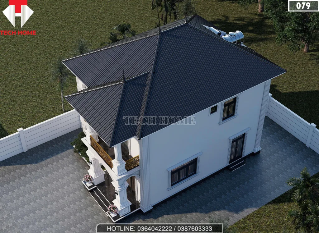 Tổng thể mẫu biệt thự tân cổ điển 2 tầng diện tích 215m2 lợp ngói màu xanh than.