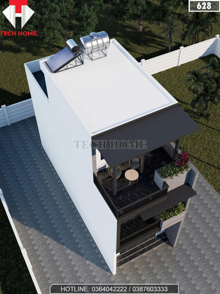 Tổng thể kiến trúc hiện đại mẫu nhà 2 tầng 1 tum có sân chơi và sân phơi rộng rãi.