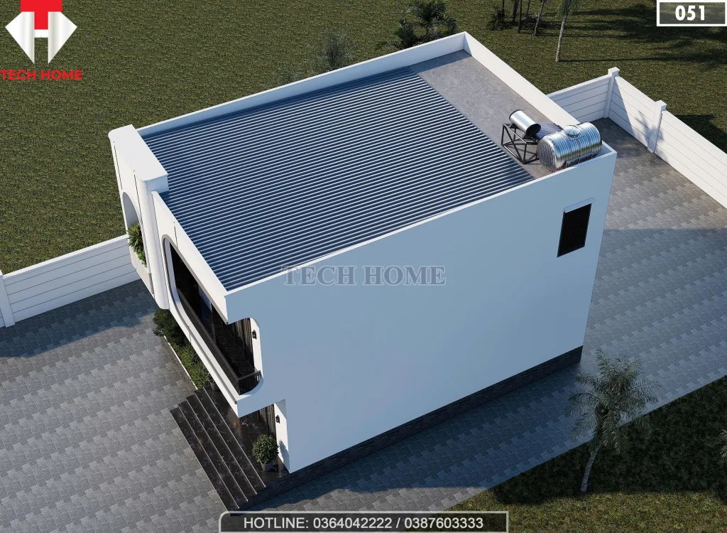 Tổng thể từ trên cao mẫu nhà 2 tầng hiện đại 8x11m mái bằng hiện đại kèm hệ thống năng lượng mặt trời.