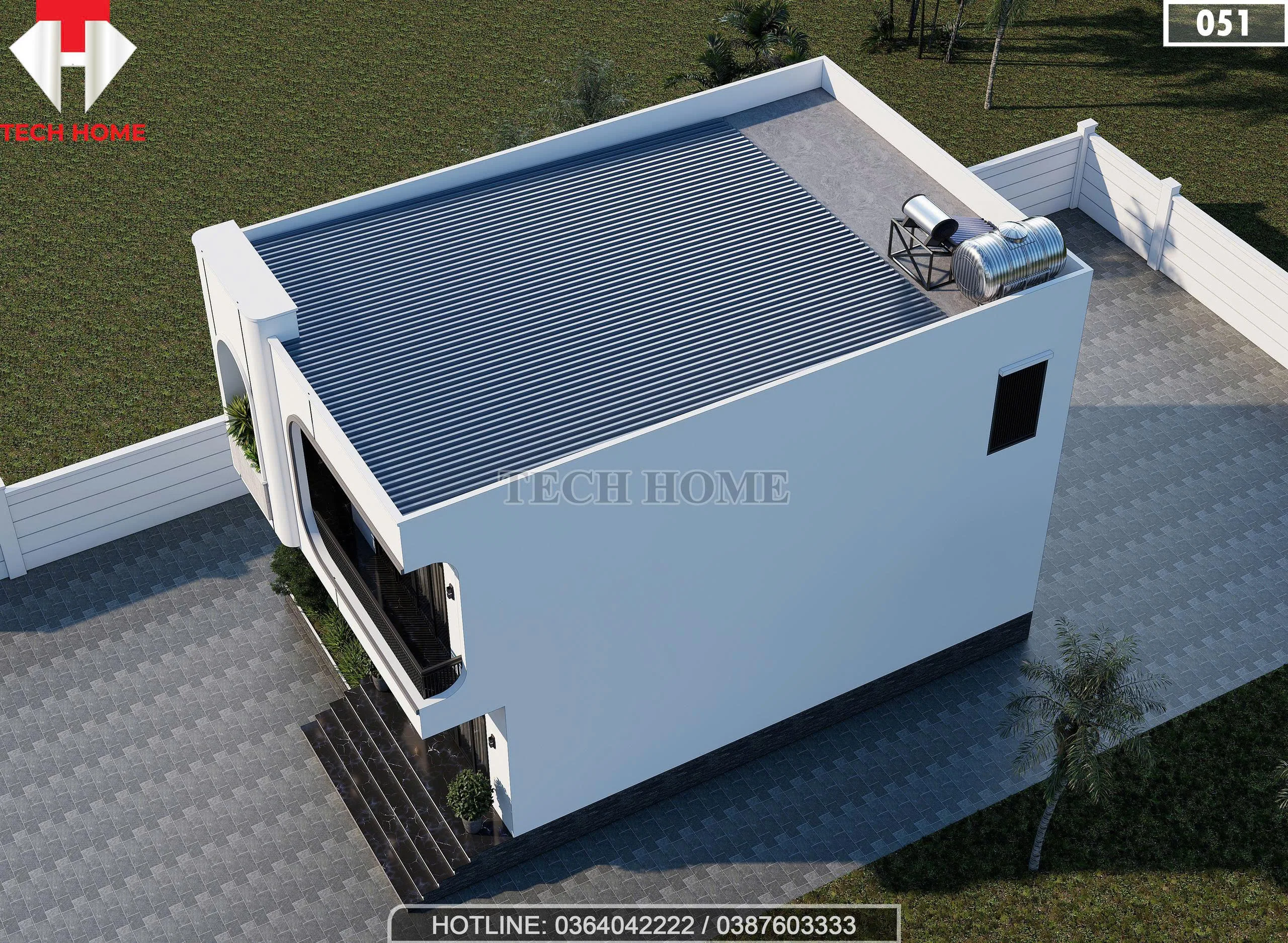 Tổng thể từ trên cao mẫu nhà 2 tầng hiện đại 8x11m mái bằng hiện đại kèm hệ thống năng lượng mặt trời.