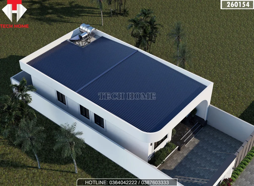 Phối cảnh tổng thể từ trên cao nhà cấp 4 mái bằng có lợp tôn chống nóng và hệ thống năng lượng mặt trời.