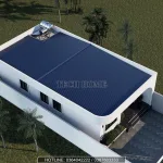 Phối cảnh tổng thể từ trên cao nhà cấp 4 mái bằng có lợp tôn chống nóng và hệ thống năng lượng mặt trời.