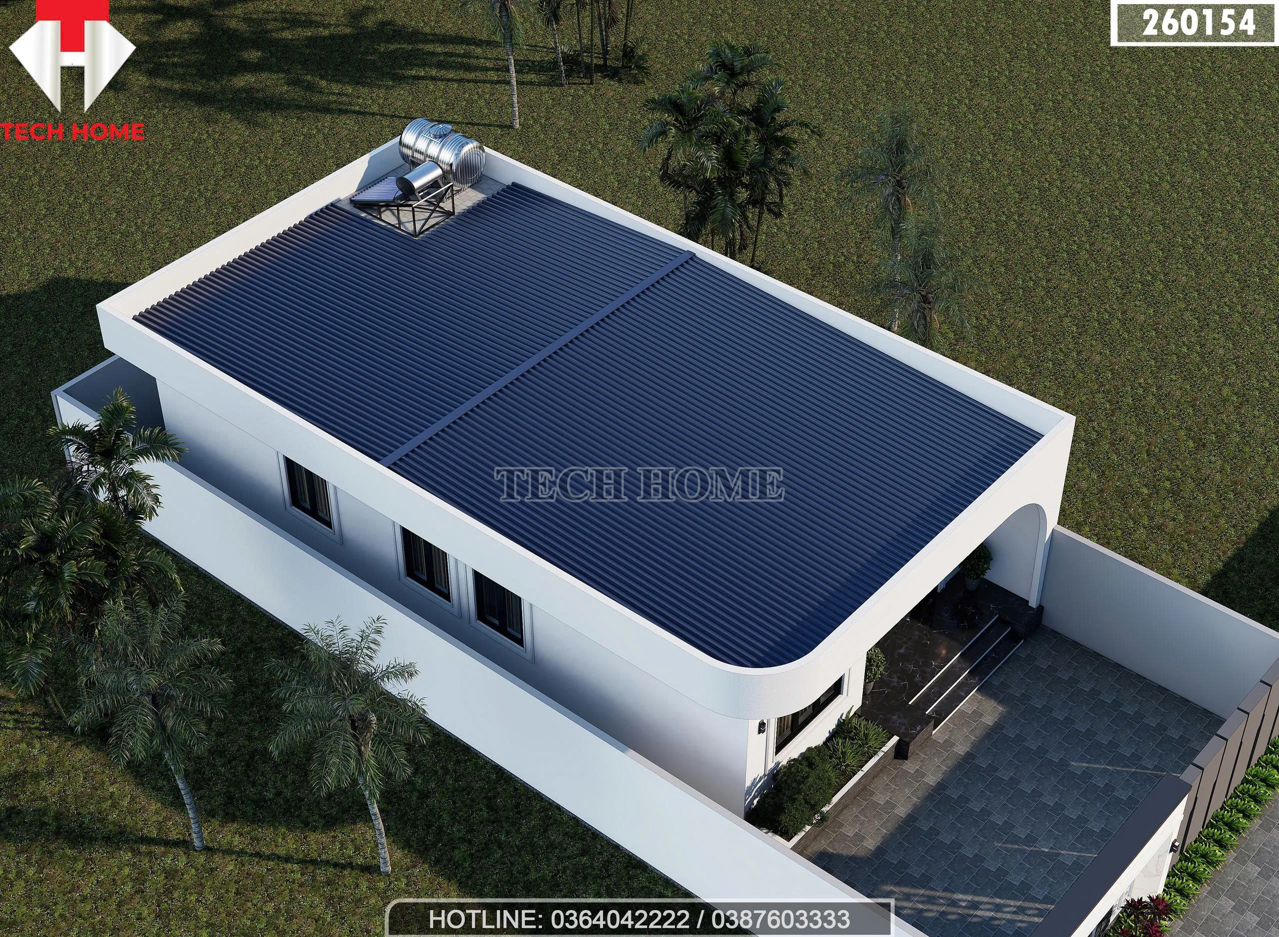 Phối cảnh tổng thể từ trên cao nhà cấp 4 mái bằng có lợp tôn chống nóng và hệ thống năng lượng mặt trời.