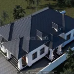 Tổng thể hệ mái Nhật màu xanh đen bề thế của mẫu nhà cấp 4 diện tích 157m2.