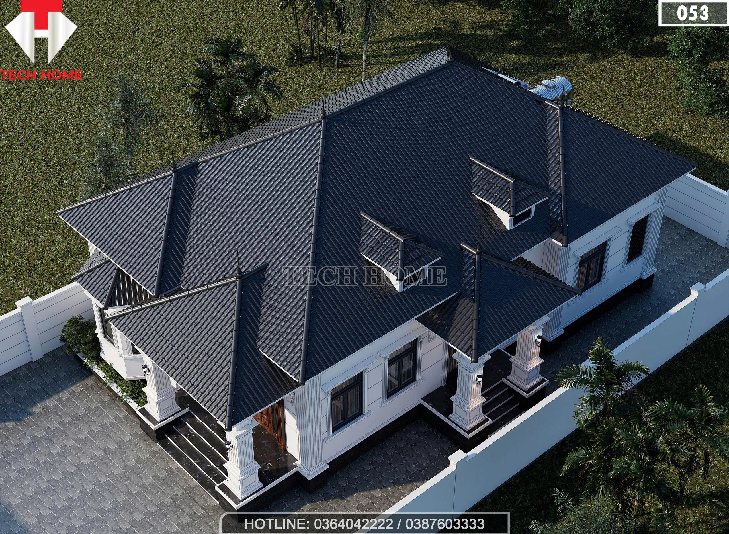 Tổng thể hệ mái Nhật màu xanh đen bề thế của mẫu nhà cấp 4 diện tích 157m2.