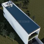 Phối cảnh từ trên cao mẫu nhà ống 2 tầng hiện đại mái tôn có bình năng lượng mặt trời.