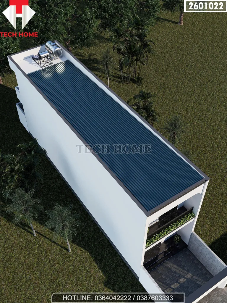 Phối cảnh từ trên cao mẫu nhà ống 2 tầng hiện đại mái tôn có bình năng lượng mặt trời.