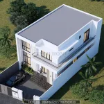 Tổng thể mẫu nhà 2 tầng hiện đại nhìn từ trên cao với kết cấu mái bằng vững chãi.