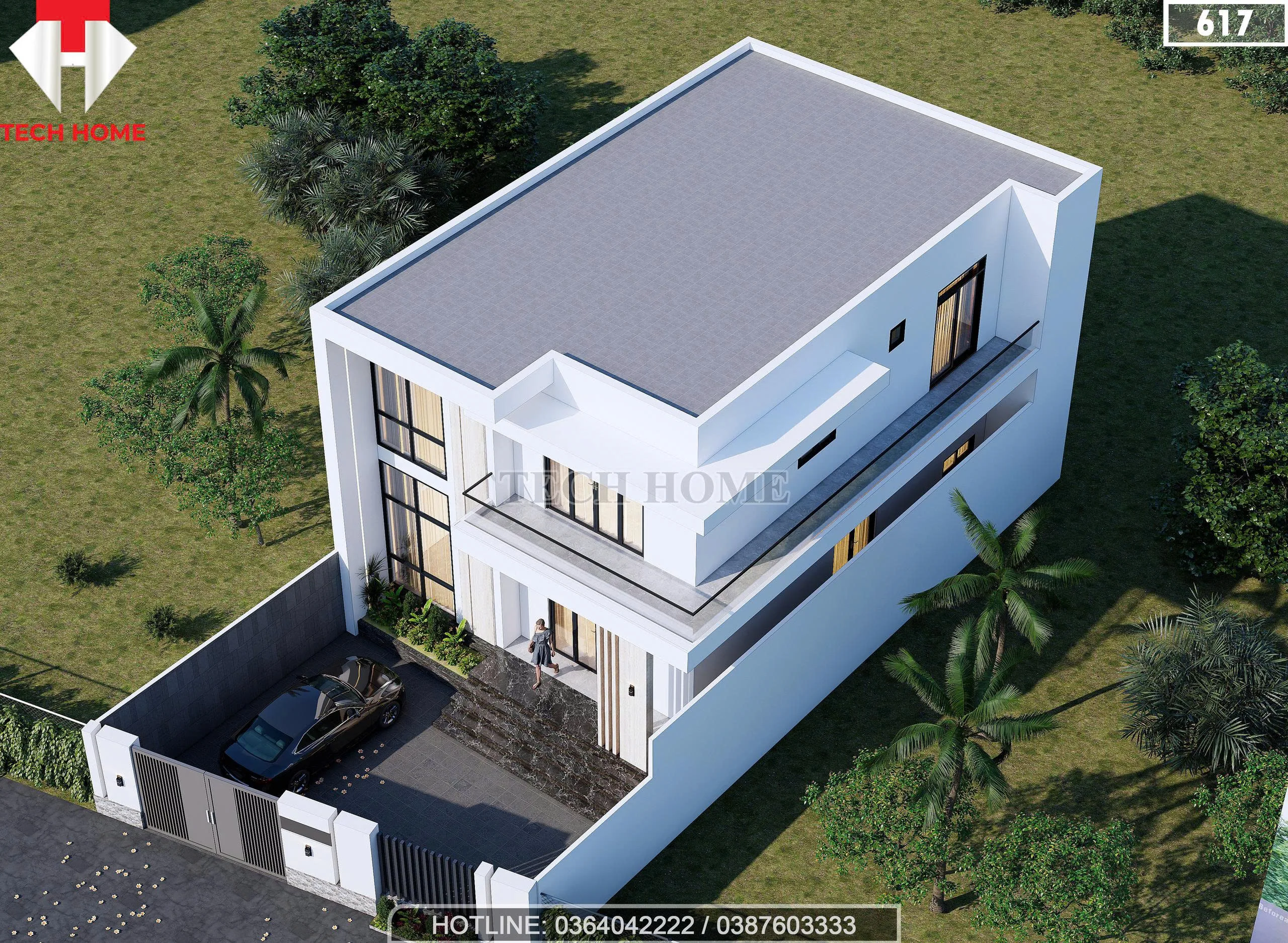 Tổng thể mẫu nhà 2 tầng hiện đại nhìn từ trên cao với kết cấu mái bằng vững chãi.