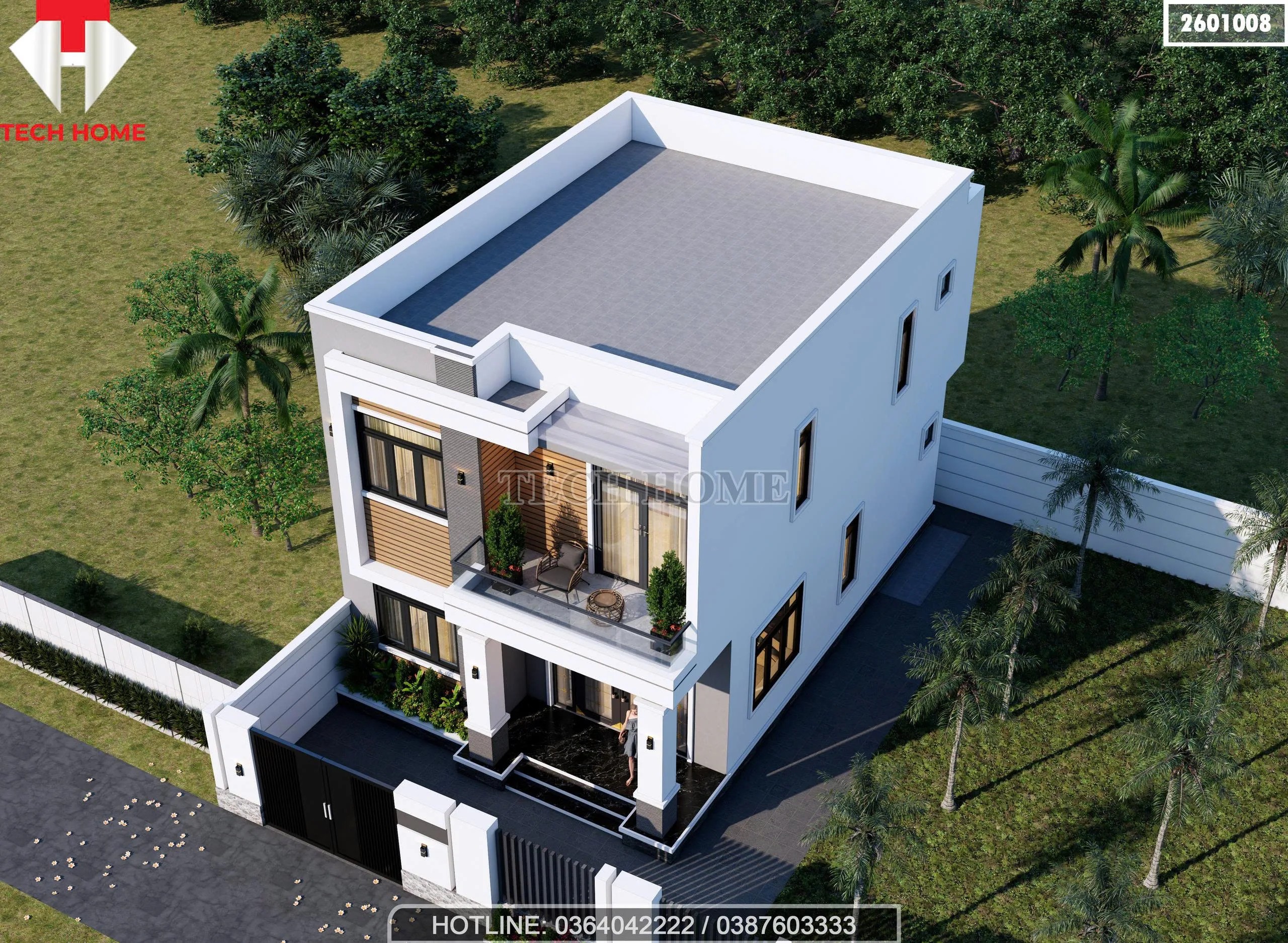 Tổng thể mẫu nhà 2 tầng mái bằng hiện đại 88m2 nhìn từ trên cao cực thoáng đãng.