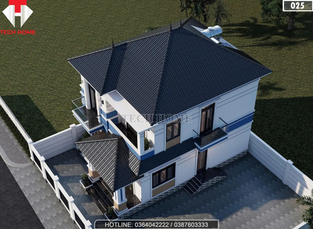 Tổng thể mẫu nhà 2 tầng mái Nhật lợp ngói màu xanh than sang trọng từ góc nhìn trên cao.