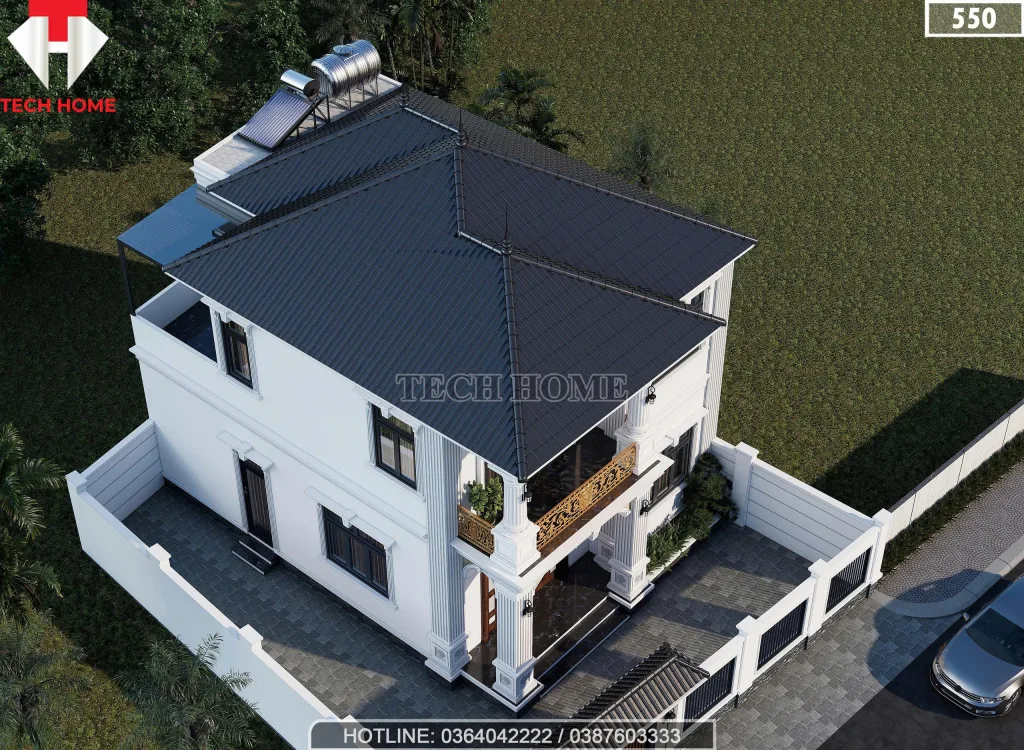 Tổng thể mẫu nhà 2 tầng mái Nhật lợp ngói màu xanh than đẳng cấp nhìn từ trên cao xuống.