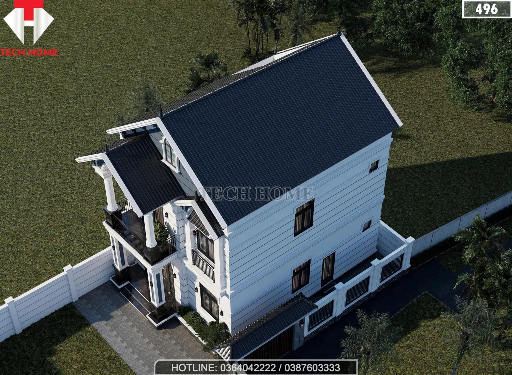 Tổng thể mẫu nhà 2 tầng mái Thái đẹp lợp ngói màu xanh than sang trọng nhìn từ trên cao.