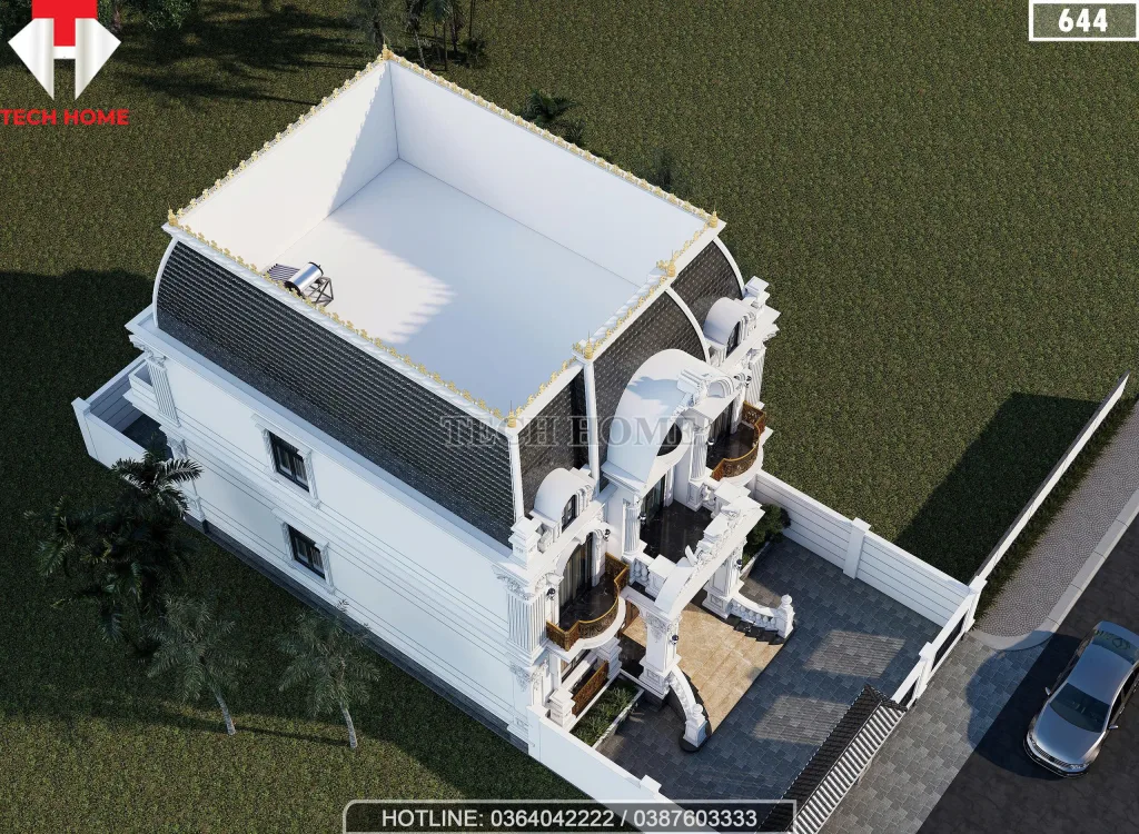 Tổng thể mẫu nhà 2 tầng tân cổ điển nhìn từ trên cao với hệ mái Mansard màu xanh than bề thế.