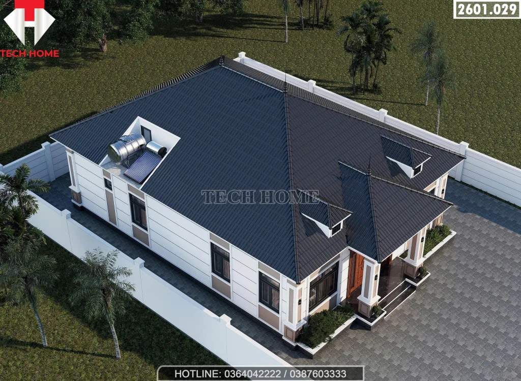 Tổng thể không gian mẫu nhà mái Nhật 1 tầng lợp ngói xanh đen sang trọng, bề thế nhìn từ trên cao.