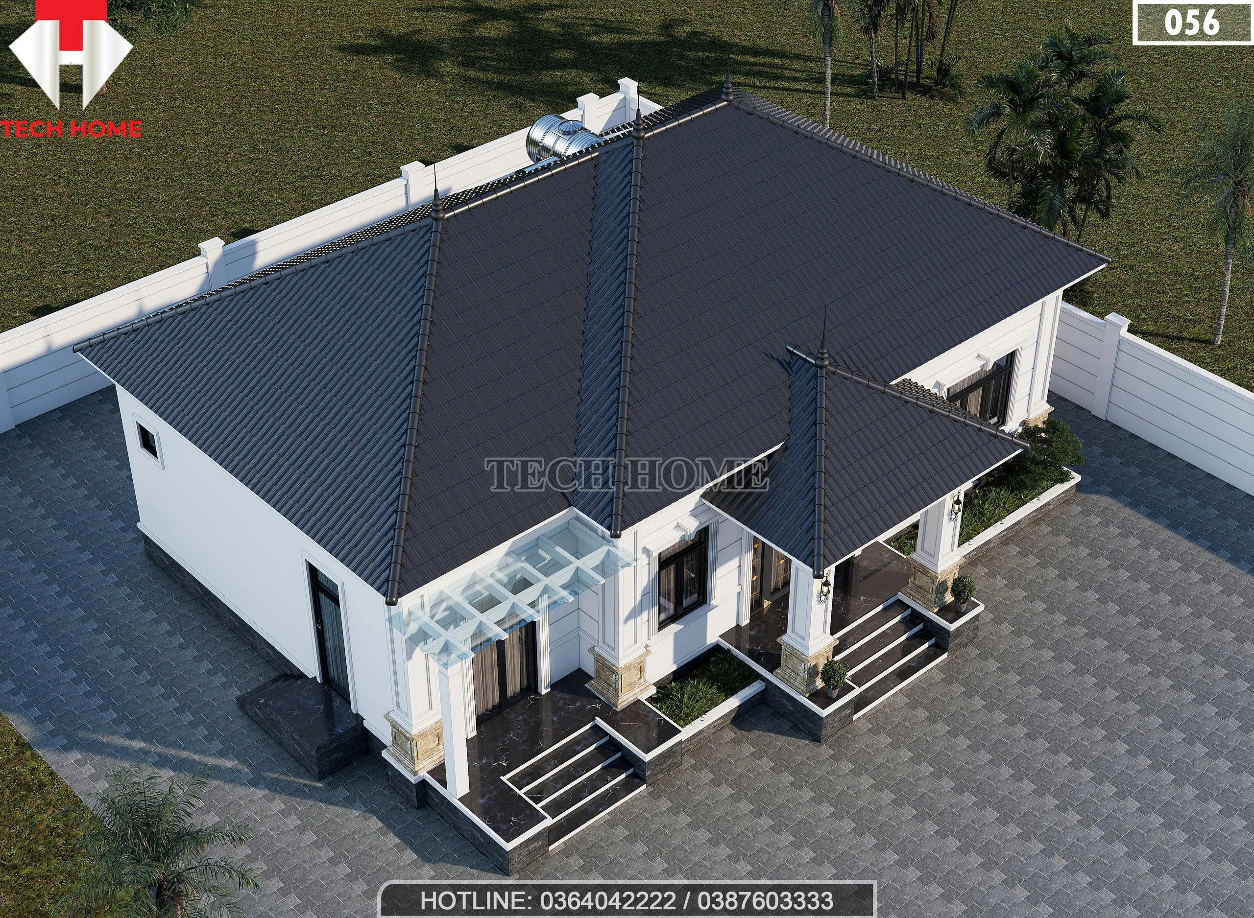 Tổng thể mẫu nhà mái Nhật 1 tầng lợp ngói màu xanh than sang trọng nhìn từ trên cao.