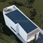 Tổng thể từ trên cao mẫu nhà ống 2 tầng đẹp sử dụng mái tôn chống nóng và giếng trời lấy sáng.