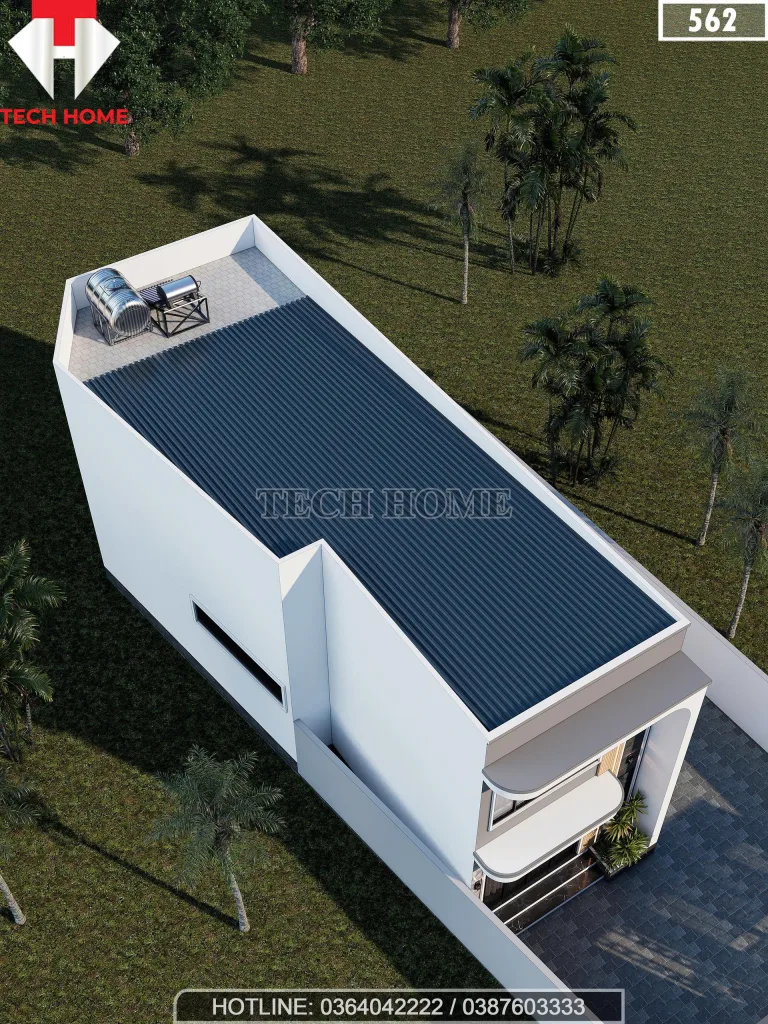 Tổng thể từ trên cao mẫu nhà ống 2 tầng đẹp sử dụng mái tôn chống nóng và giếng trời lấy sáng.