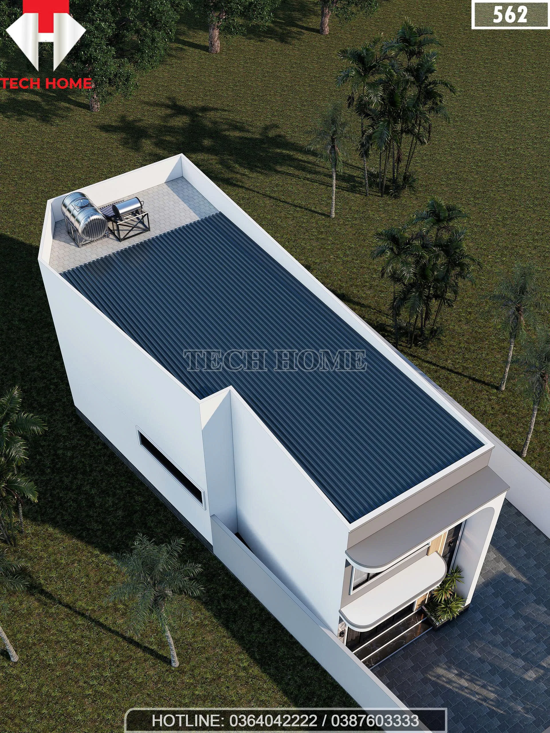 Tổng thể từ trên cao mẫu nhà ống 2 tầng đẹp sử dụng mái tôn chống nóng và giếng trời lấy sáng.