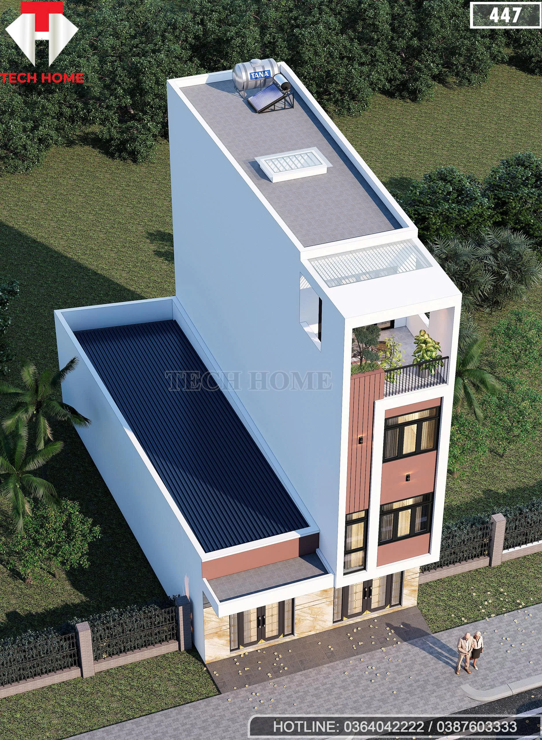 Tổng thể mẫu nhà ống 3 tầng 1 tum hiện đại nhìn từ trên cao có sân thượng xanh mát.