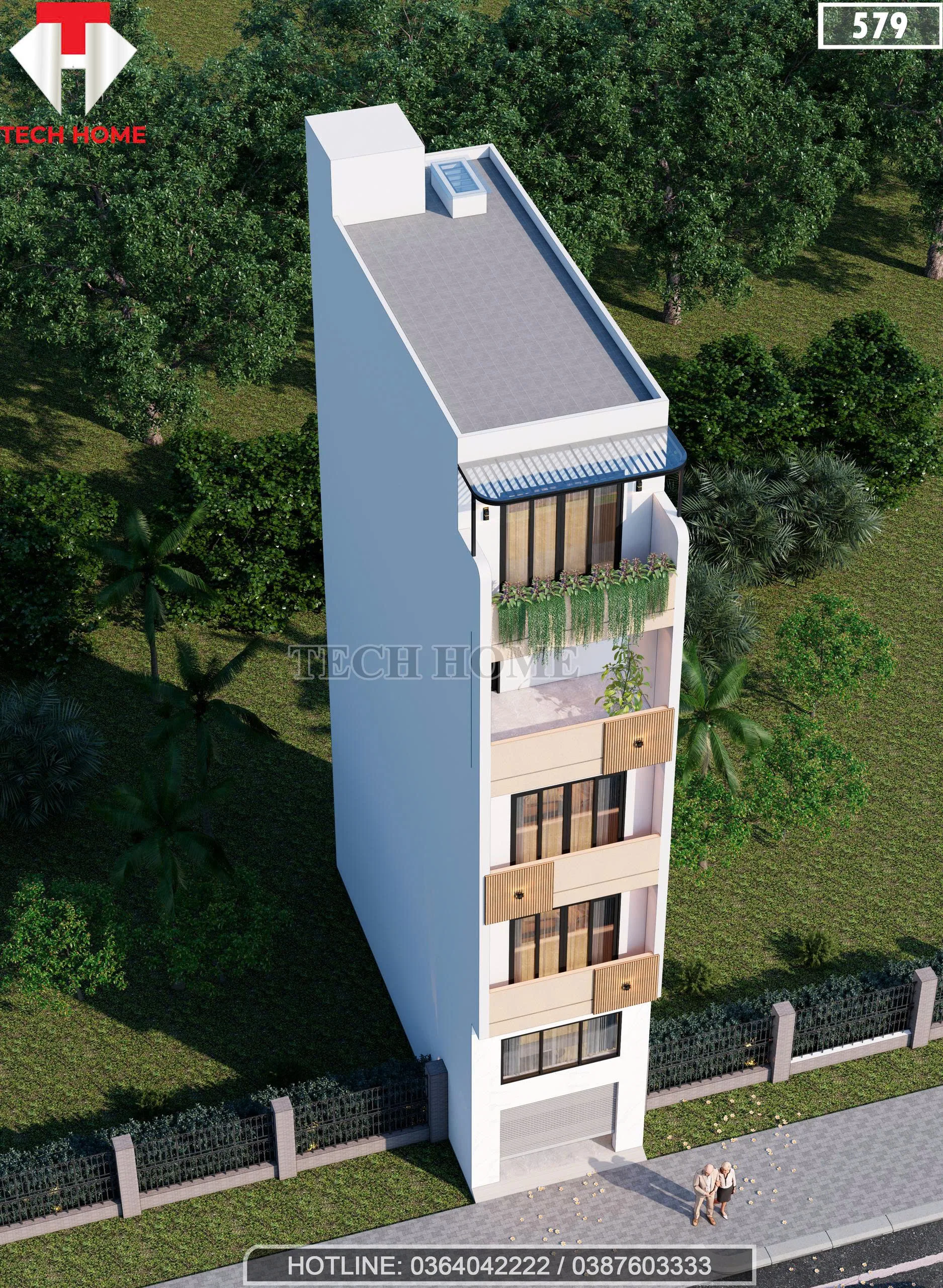 Tổng thể mẫu nhà ống 5 tầng đẹp góc nhìn trên cao với sân chơi và tum thông thoáng.