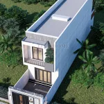 Tổng thể mẫu nhà phố 2 tầng hiện đại kích thước 5x20m nhìn từ trên cao với giếng trời lấy sáng.