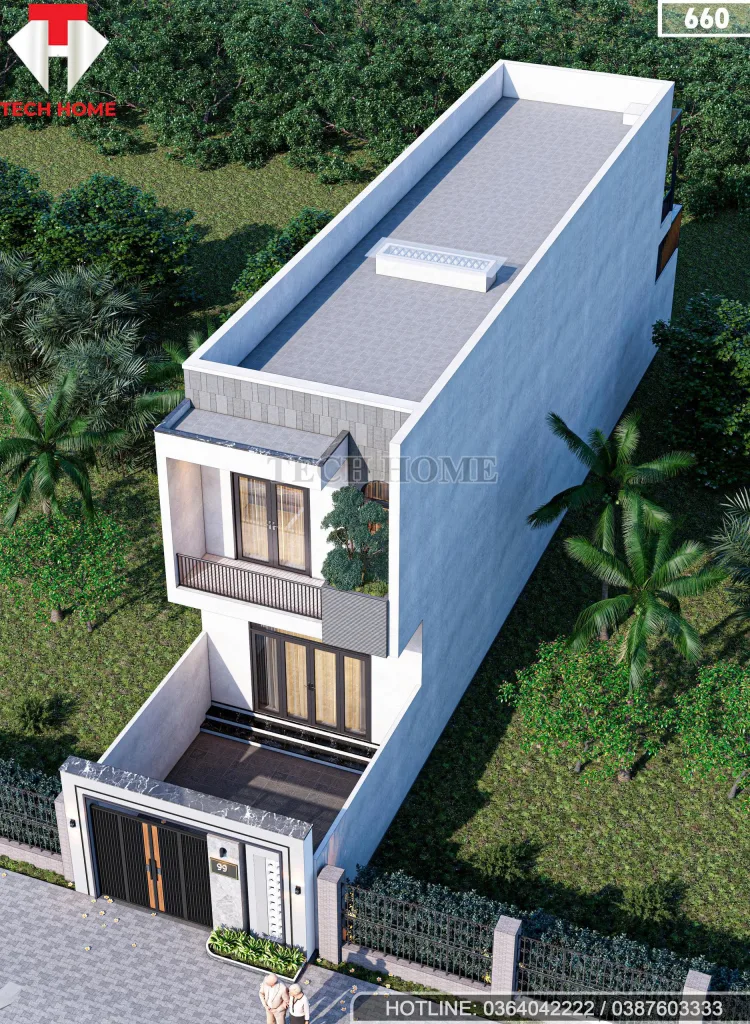 Tổng thể mẫu nhà phố 2 tầng hiện đại kích thước 5x20m nhìn từ trên cao với giếng trời lấy sáng.