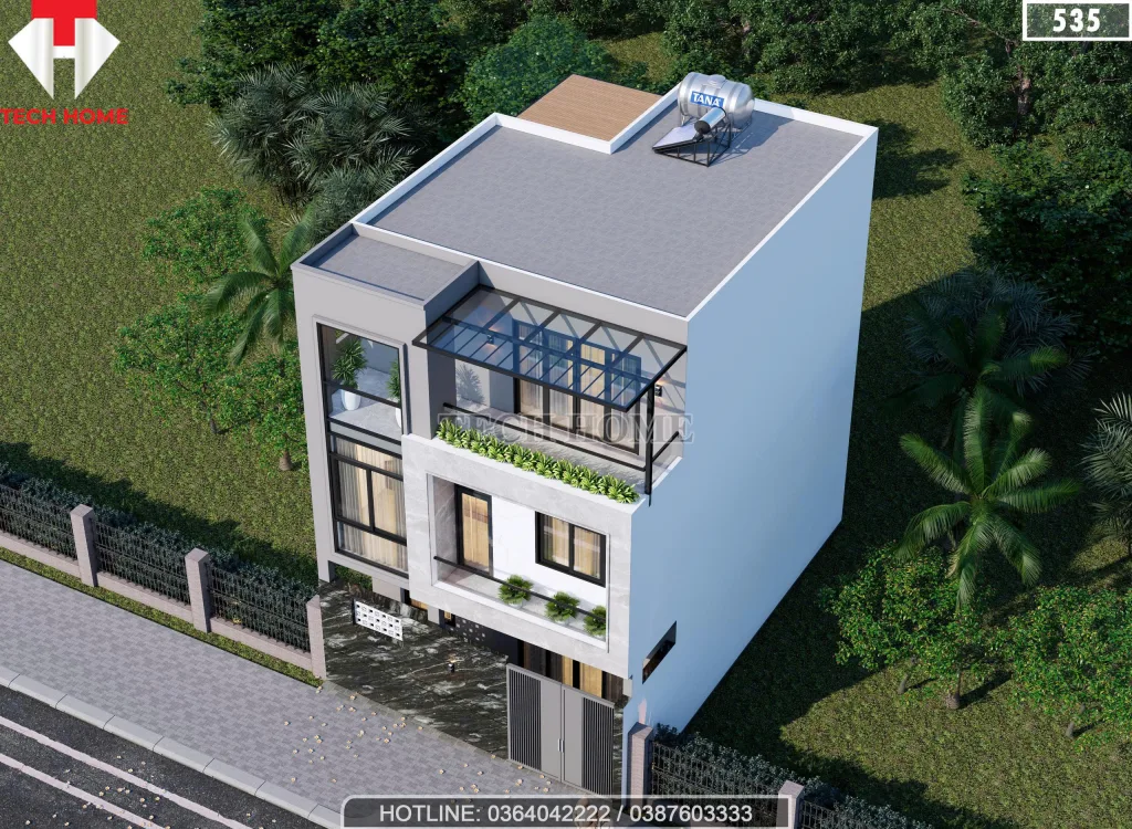 Tổng thể mẫu nhà phố 3 tầng hiện đại có sân thượng trồng rau và khu vực tập gym.