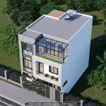 Tổng thể mẫu nhà phố 3 tầng hiện đại có sân thượng trồng rau và khu vực tập gym.