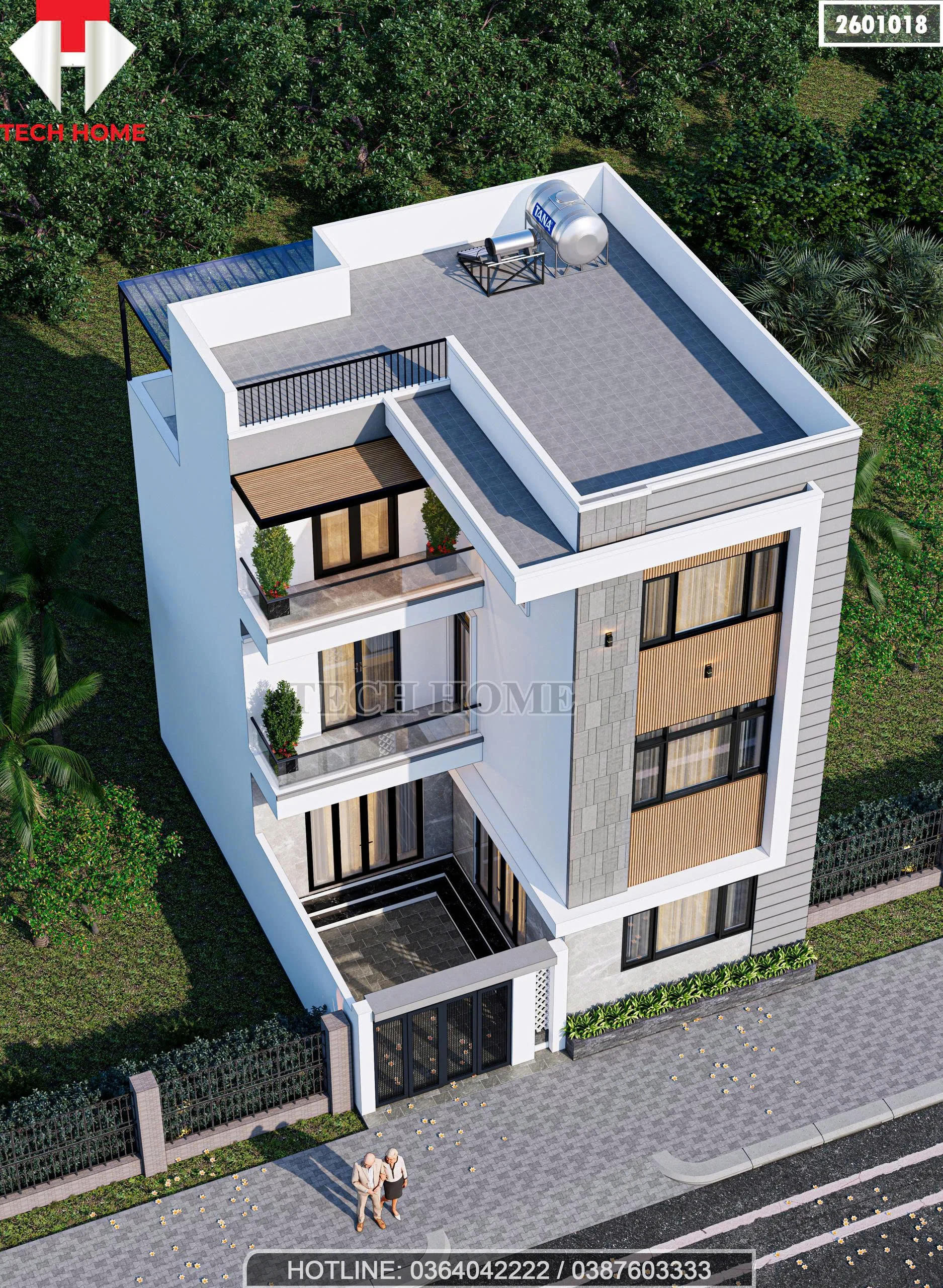 Tổng thể mẫu nhà phố 3 tầng hiện đại mái bằng, có hệ thống năng lượng mặt trời.