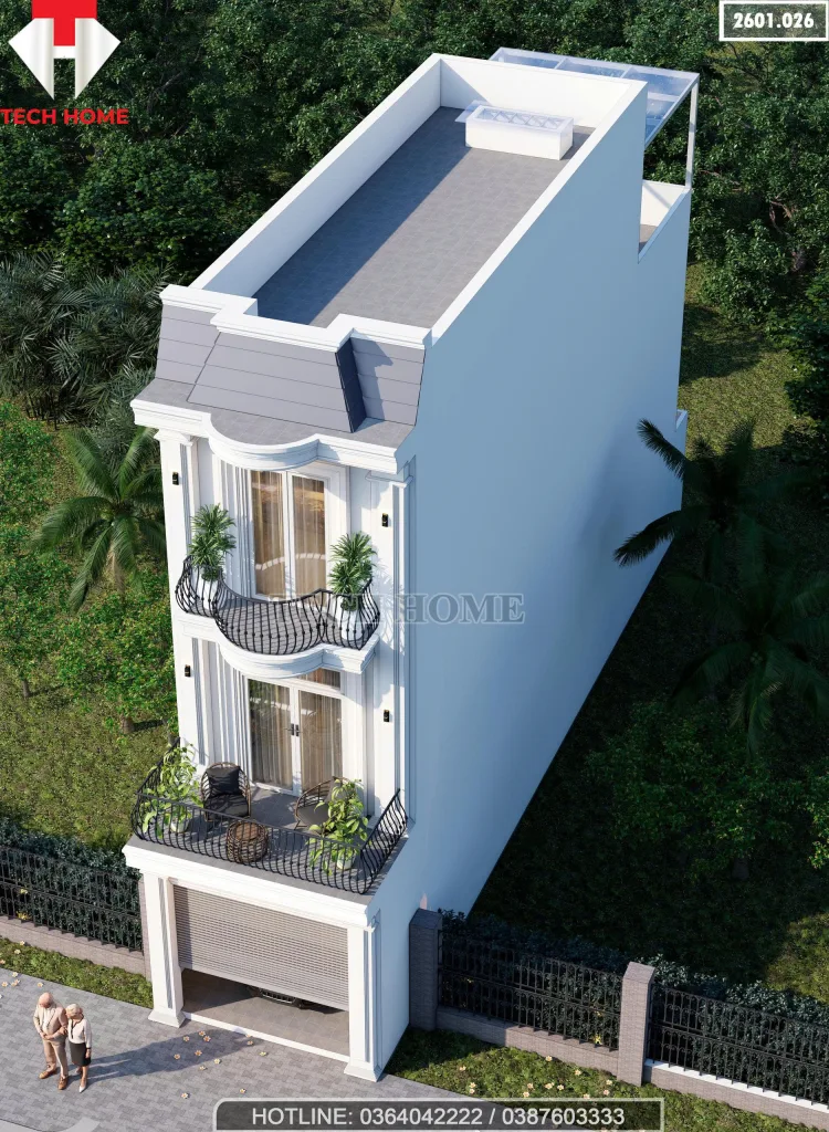 Tổng thể mẫu nhà phố 3 tầng tân cổ điển nhìn từ trên cao đầy uy nghi.