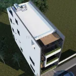 Tổng thể từ trên cao mẫu nhà phố 4 tầng hiện đại mái bằng có hệ thống pin năng lượng mặt trời.