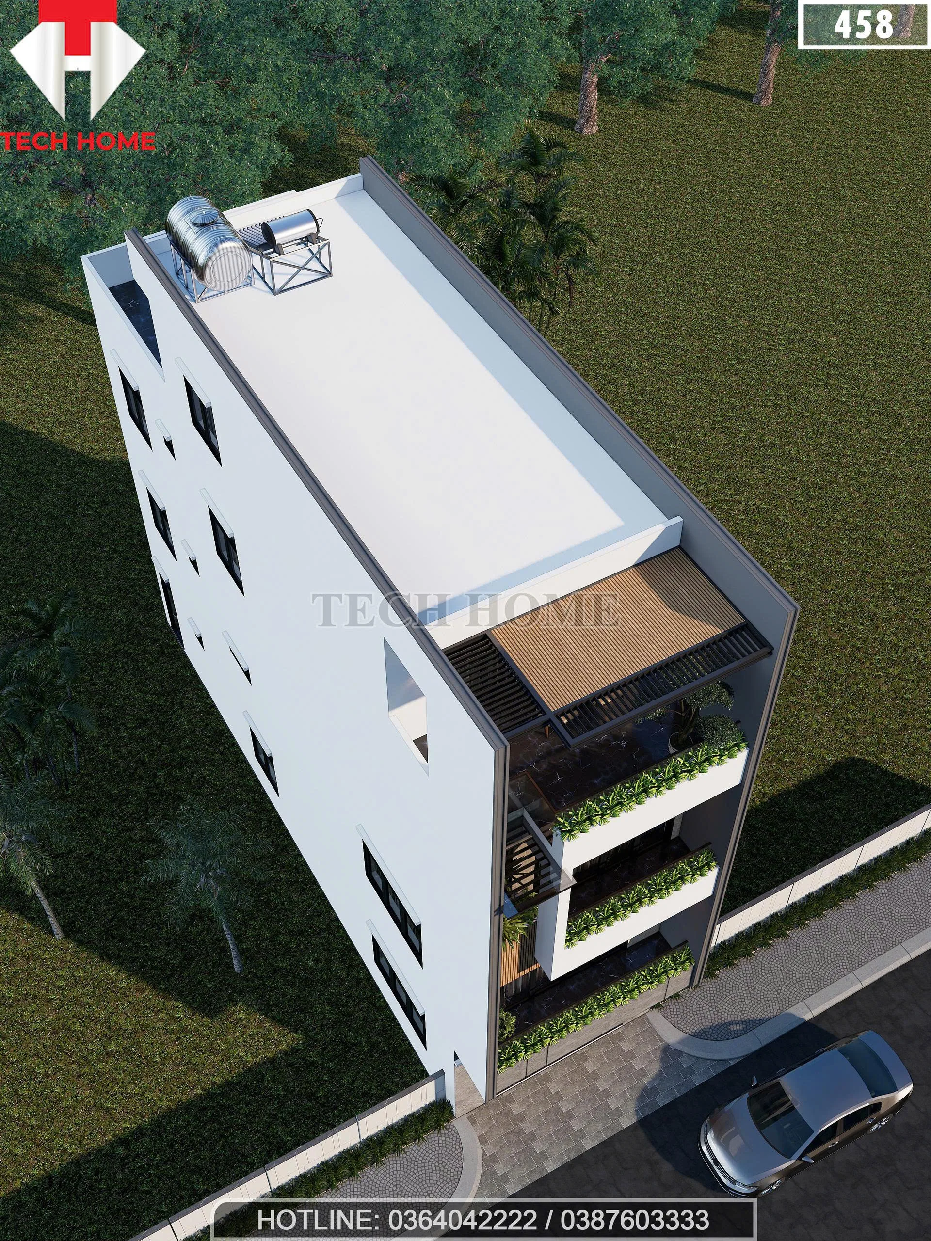 Tổng thể từ trên cao mẫu nhà phố 4 tầng hiện đại mái bằng có hệ thống pin năng lượng mặt trời.