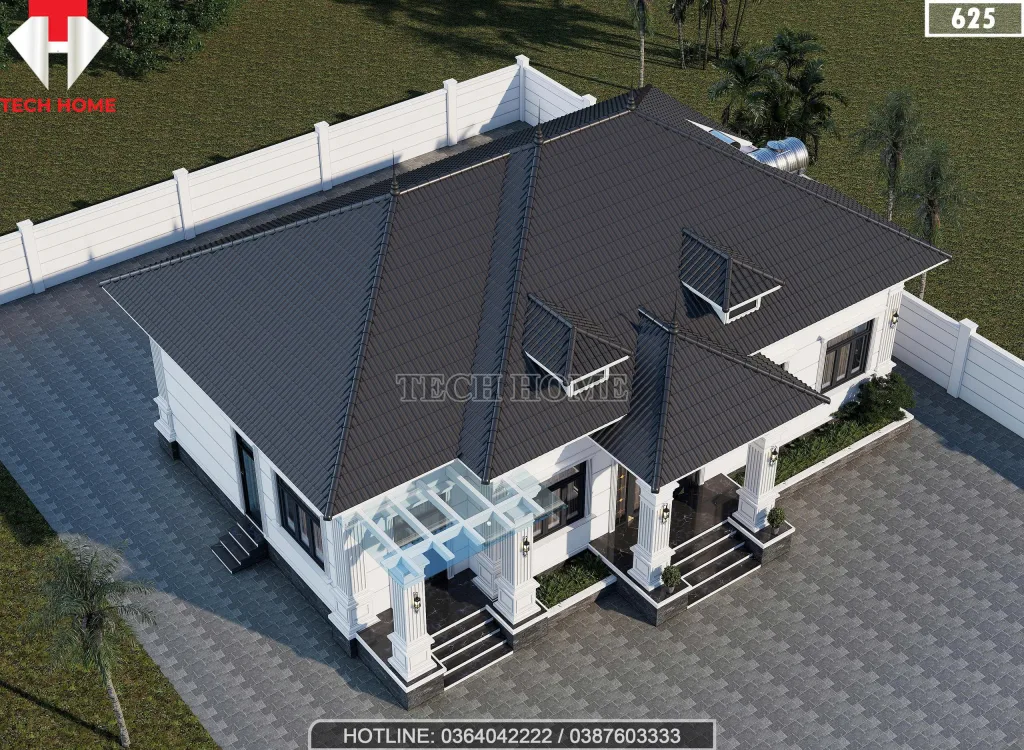 Toàn cảnh mẫu nhà vườn 1 tầng mái Nhật lợp ngói màu xanh đen sang trọng từ trên cao.