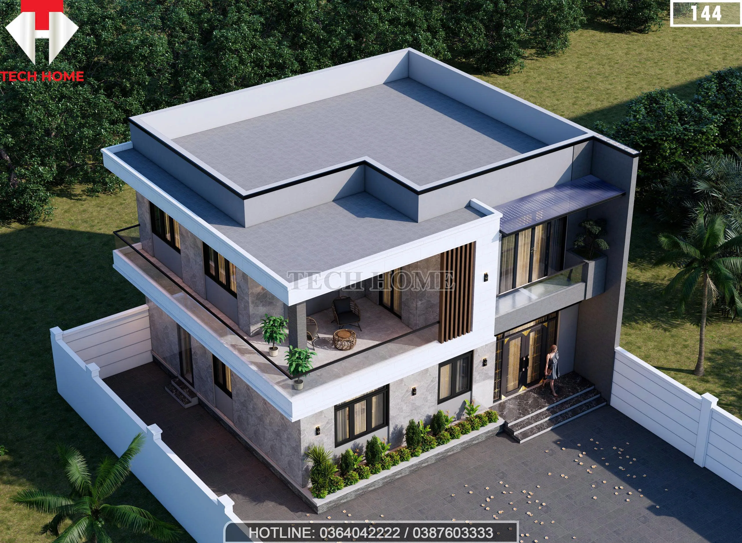 Tổng thể mẫu nhà 2 tầng hiện đại diện tích 99m2 nhìn từ trên cao.