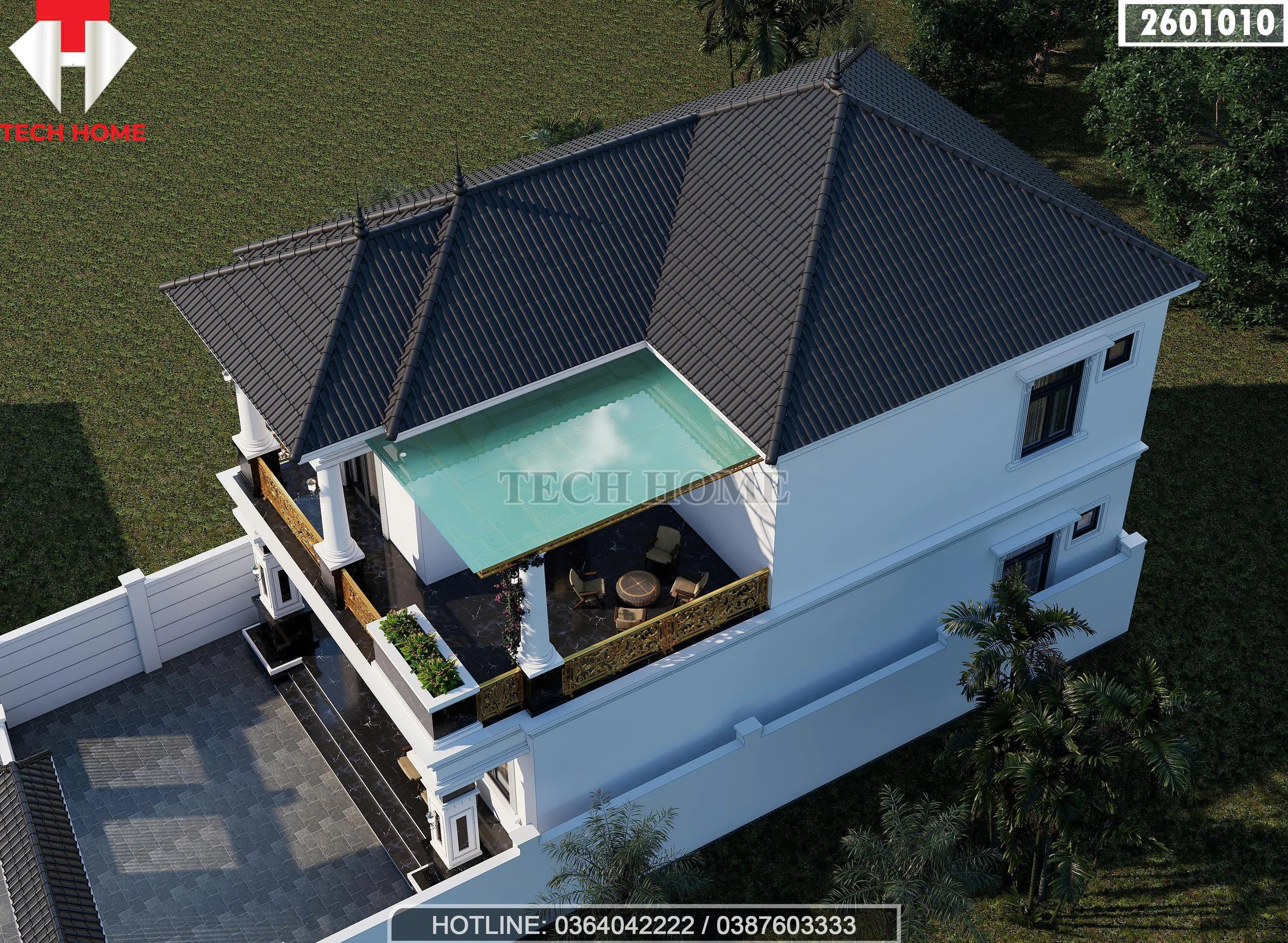 Tổng thể mẫu nhà mái Nhật 2 tầng lợp ngói xanh than có sân chơi và mái kính nghệ thuật đẹp mắt.