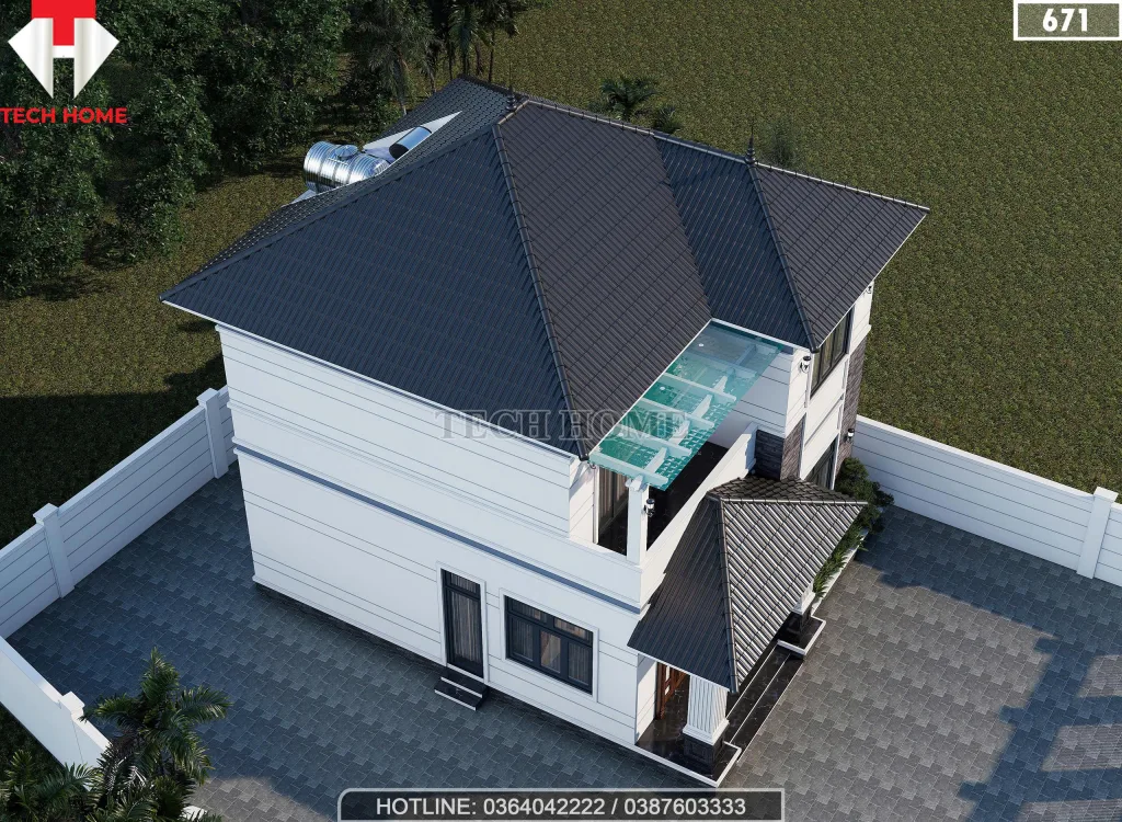 Tổng thể mẫu nhà 2 tầng mái Nhật đẹp mã số 671 lợp ngói màu xanh than sang trọng.