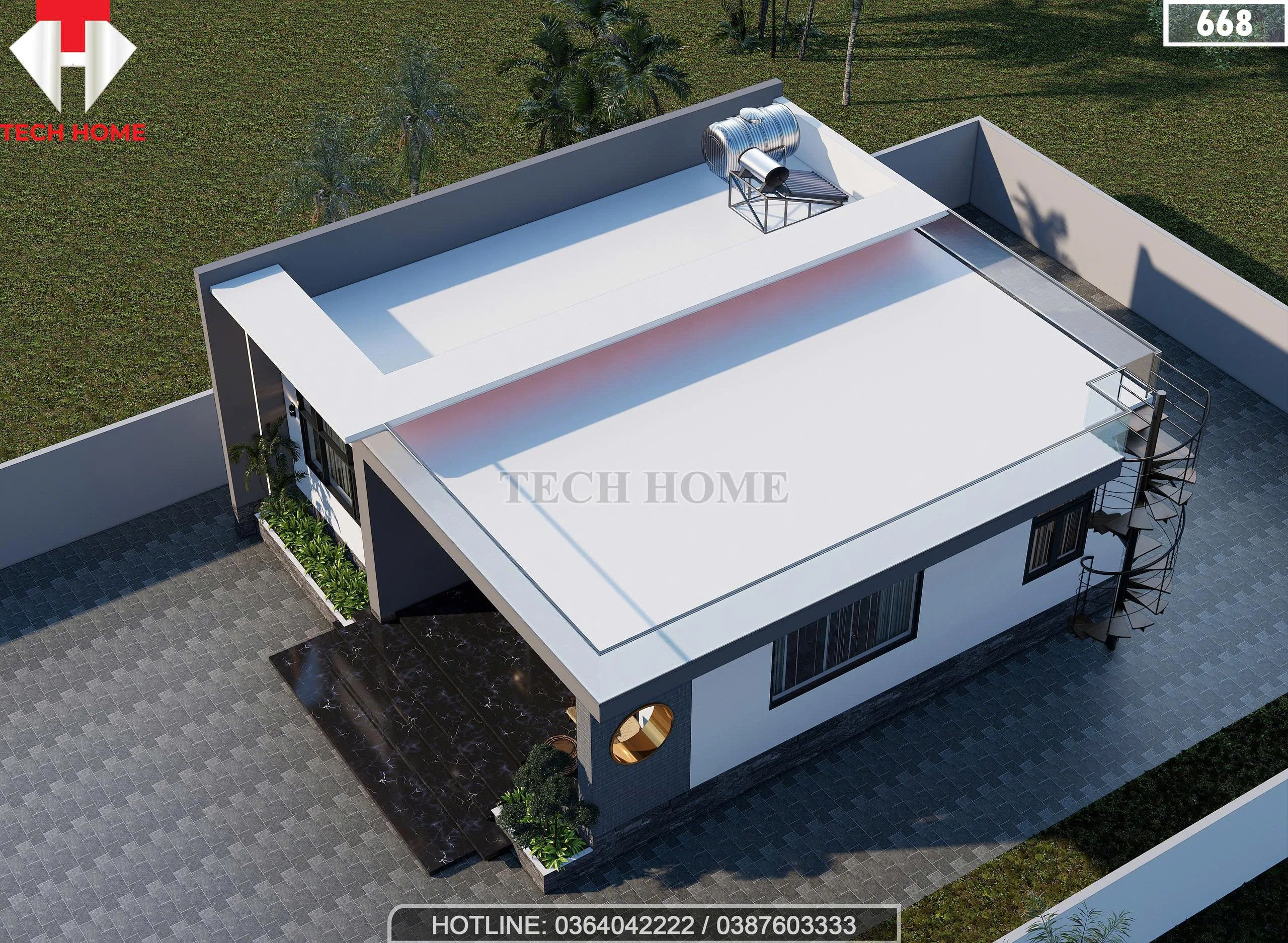 Tổng thể mẫu nhà cấp 4 hiện đại 3 phòng ngủ nhìn từ trên cao với sân thượng và cầu thang xoắn phá cách.