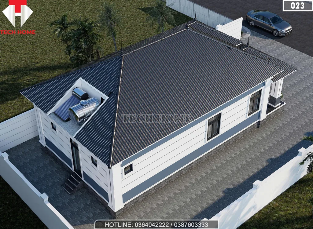 Tổng thể mẫu nhà cấp 4 mái Nhật 3 phòng ngủ nhìn từ trên cao, có lắp năng lượng mặt trời.