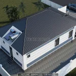 Tổng thể mẫu nhà cấp 4 mái Nhật 3 phòng ngủ nhìn từ trên cao, có lắp năng lượng mặt trời.